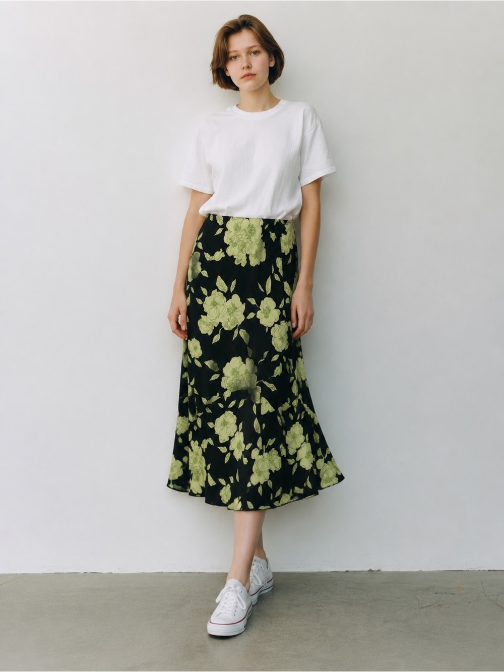 Black Midi Skirt with Lime Green Floral Print